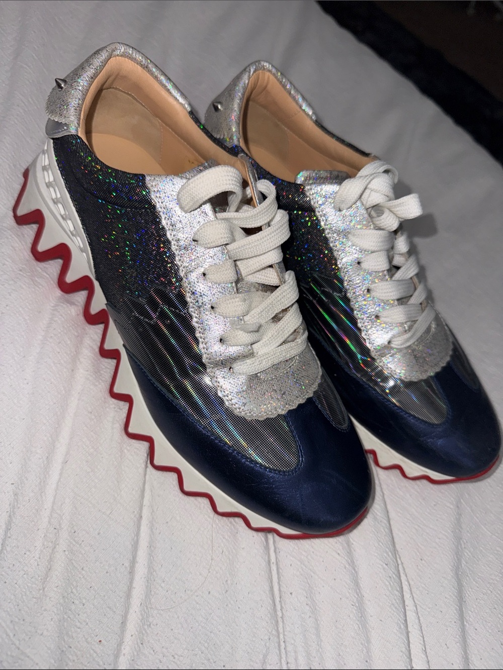 Christian Louboutin Navy, Silver & Red Wave-Sole Sneakers Sharkina one of kind